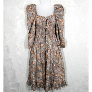 Ulla Johnson Dress Size 00 Isla Aegean Printed Cotton Midi Puff Sleeves Milkmaid
